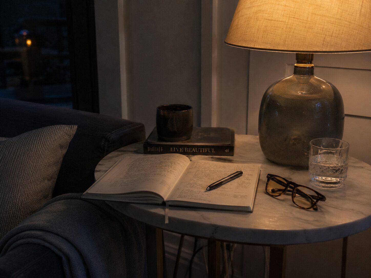 A calm evening ritual: journal and lamp on a side table