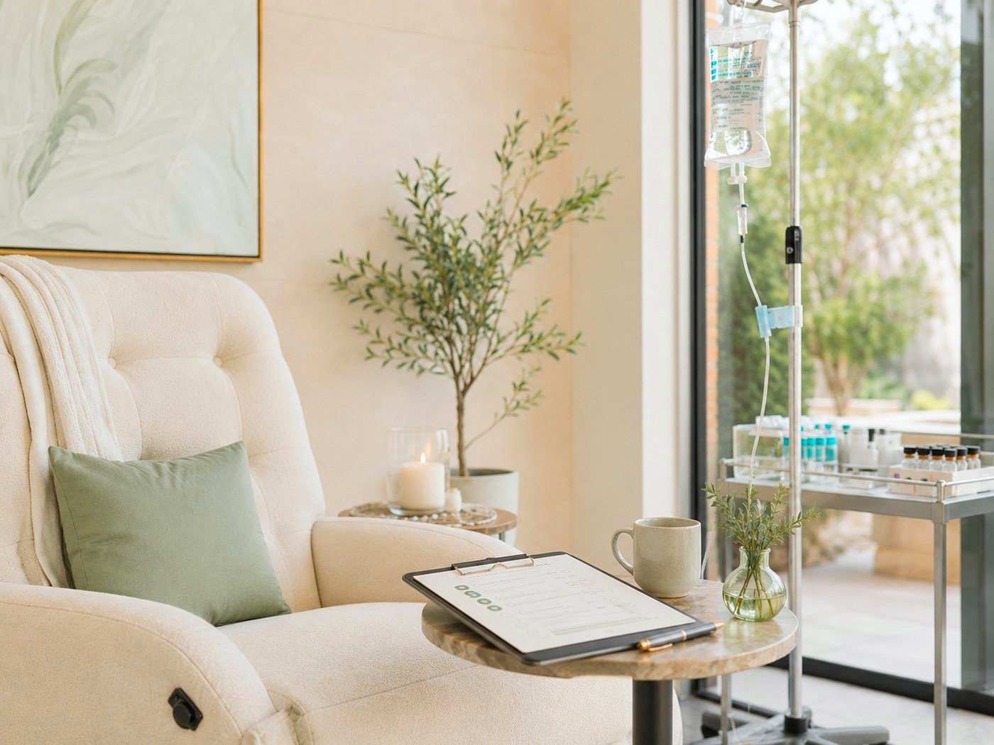 An infusion chair with the intake form ready on the side table