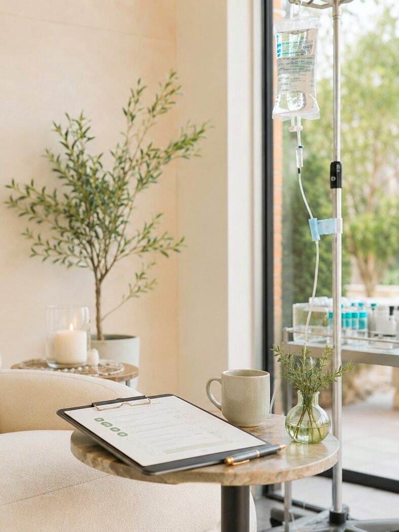 An intake form ready on a side table beside the drip stand