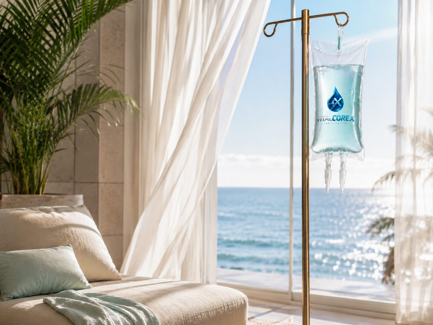 An IV stand by a bright window during a relaxed infusion