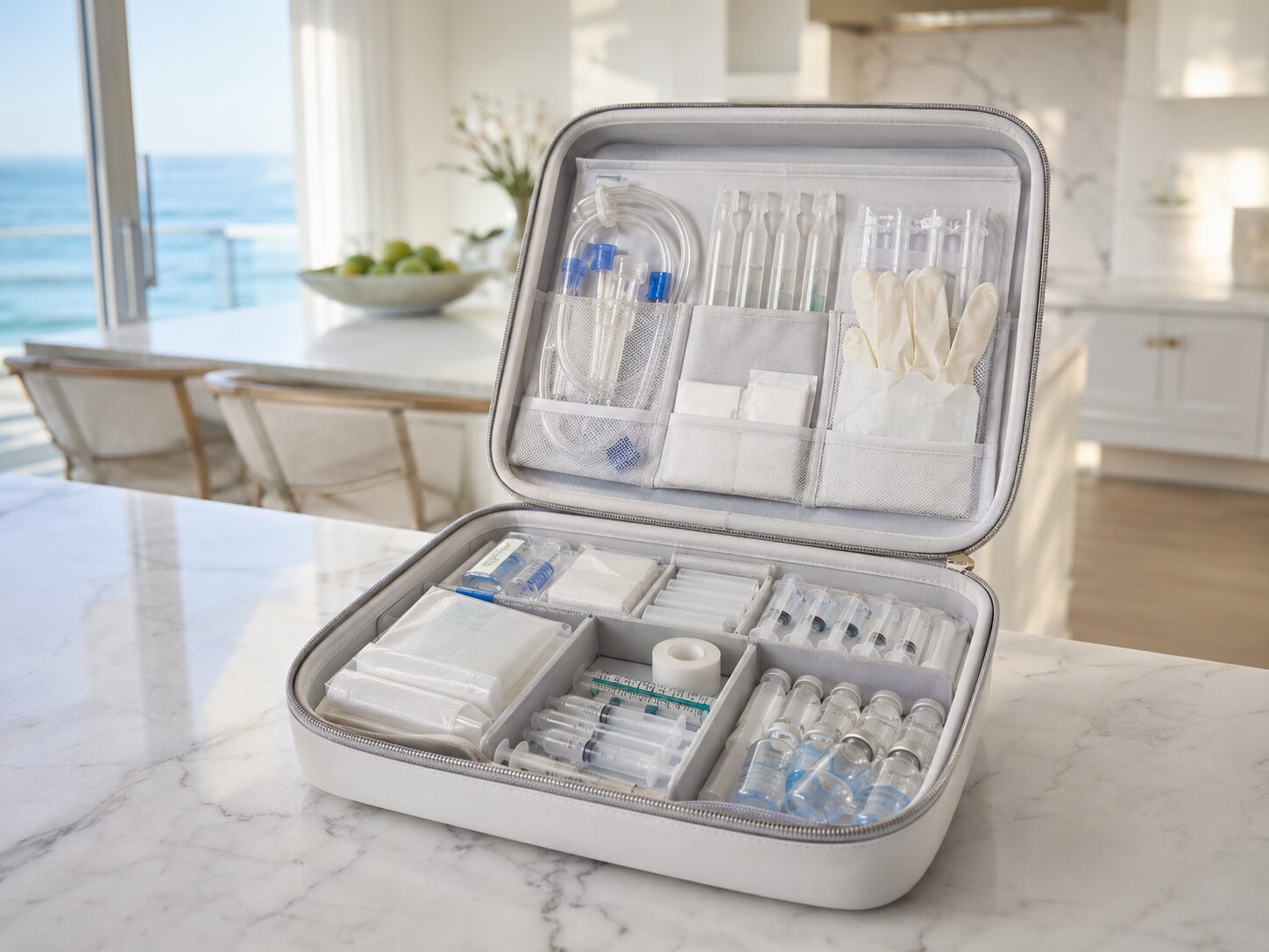 An IV kit set up on a bright kitchen counter
