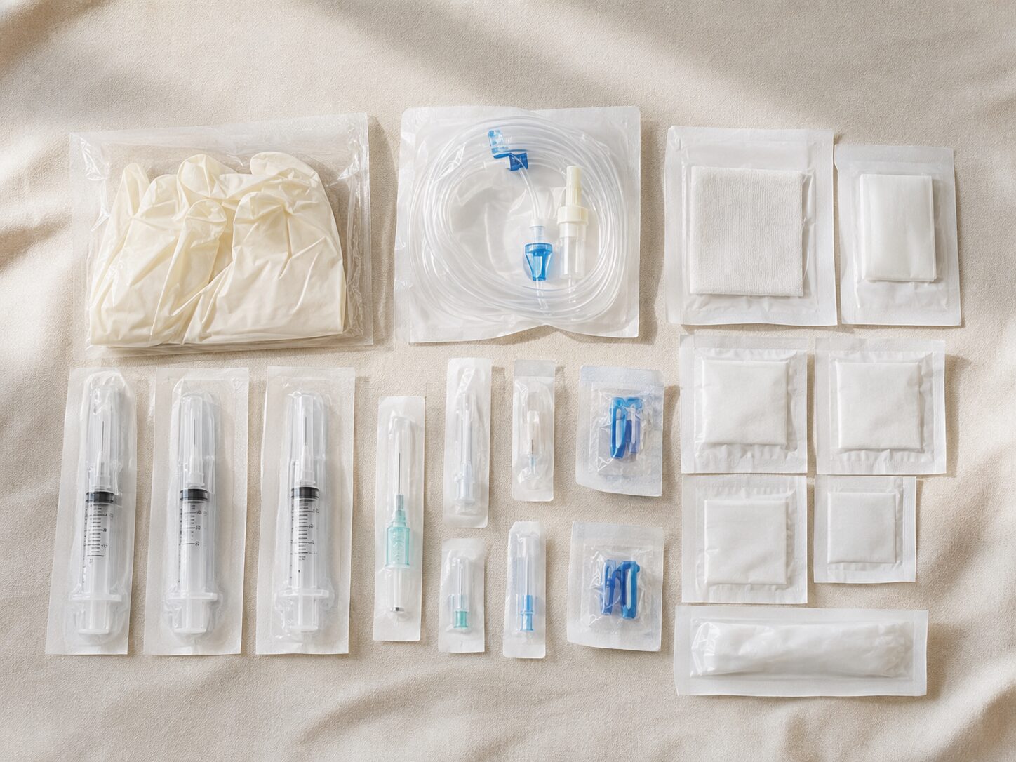Sealed single-use infusion supplies laid out before a Vitalcorex visit